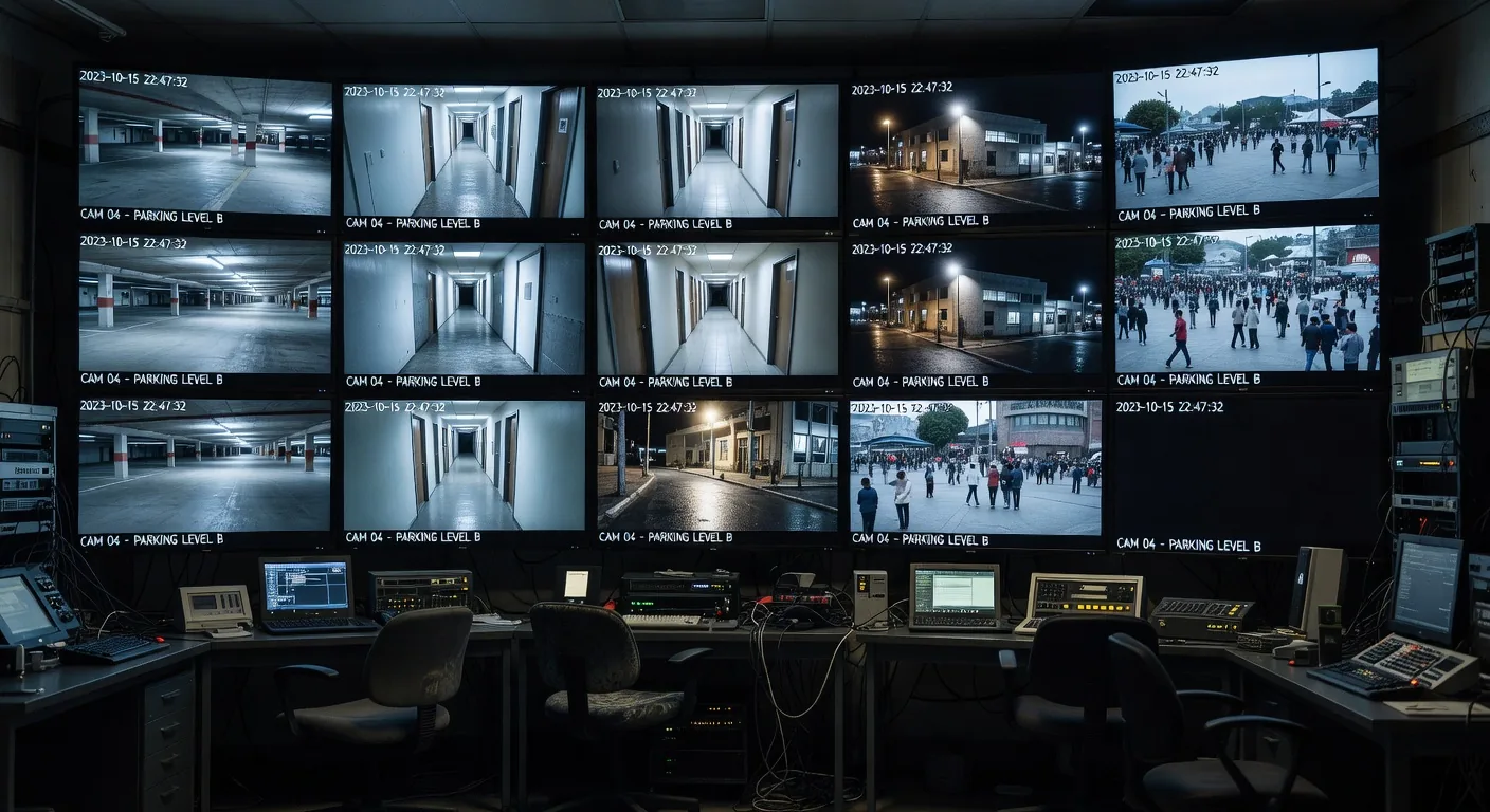 Aurora Sentinel multi-channel surveillance monitoring station showing live camera feeds